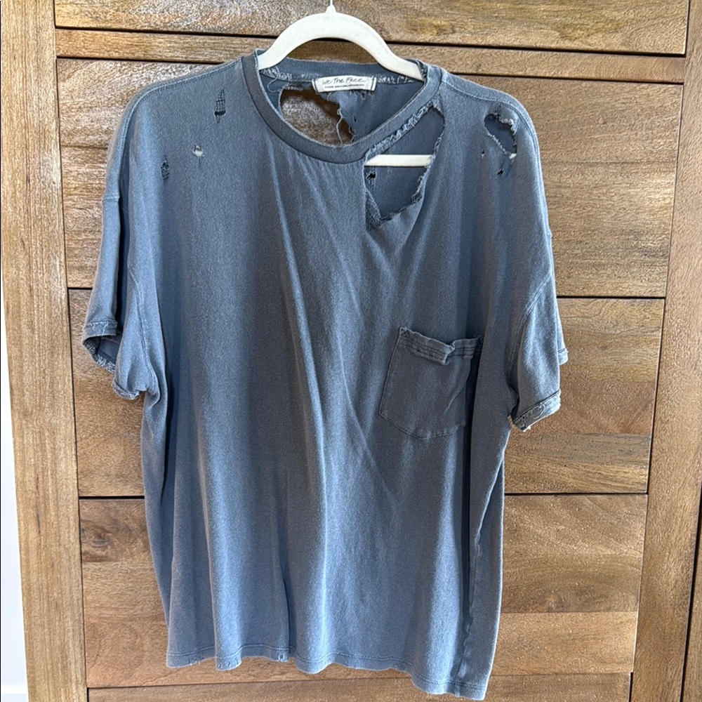 Free People Blue-Gray Distressed Short Sleeve Tee